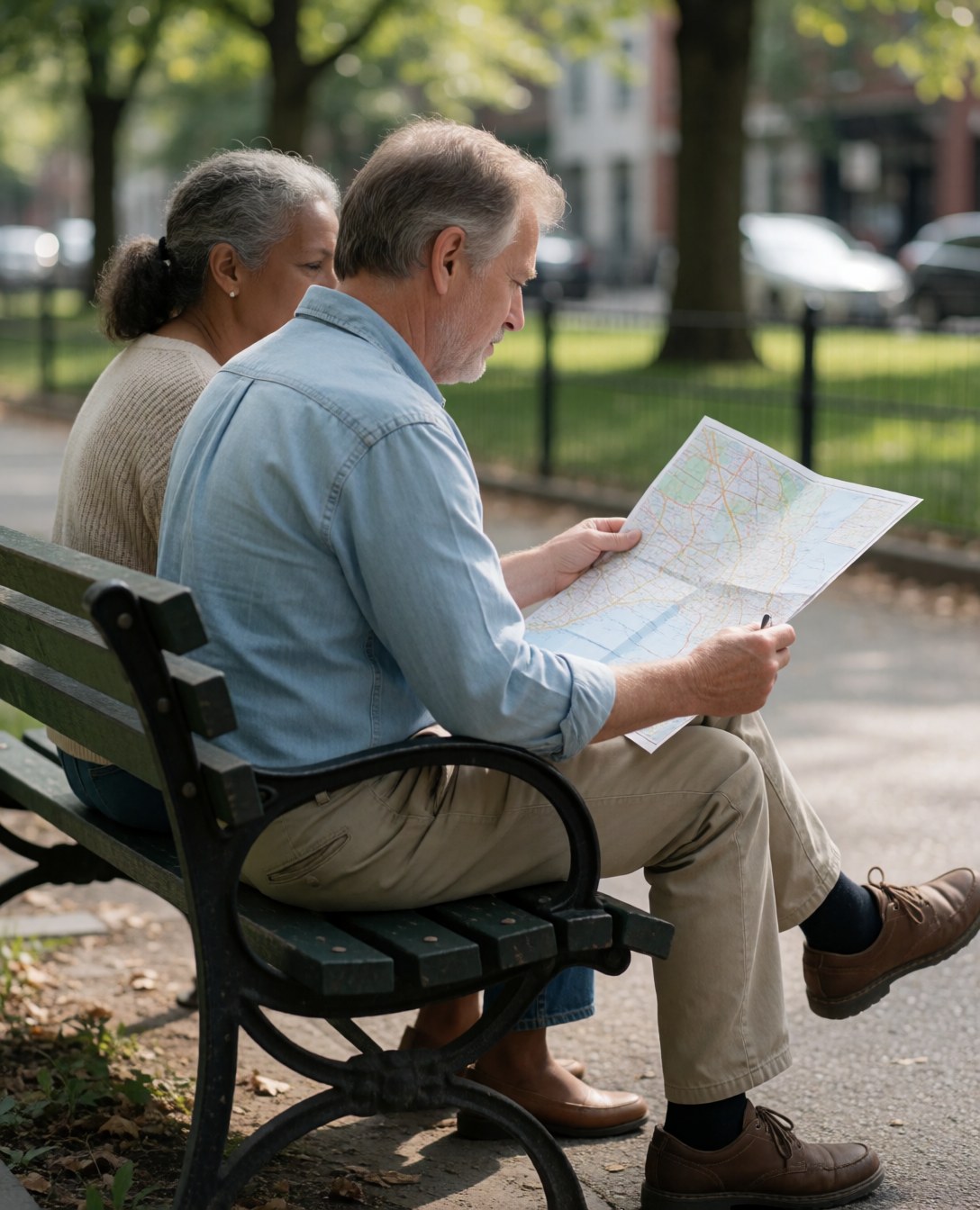 A happy couple sitting at a park bench looking at a city map while planning their next travel destination together
