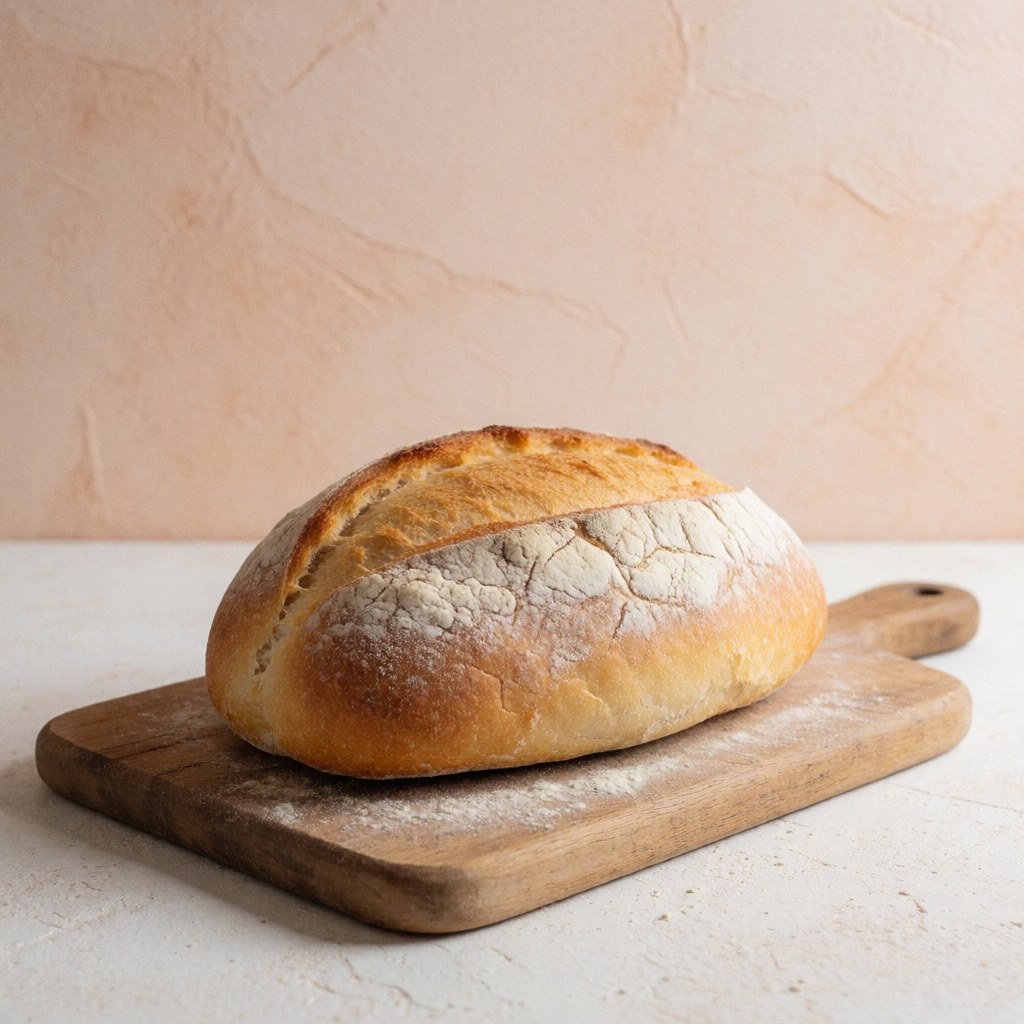 Freshly baked artisan bread loaf resting on a rustic wooden cutting board with a light background and terracotta wall