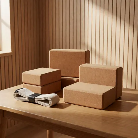 Cork yoga blocks and coiled rope resting on a wooden table with natural light and slatted walls, ideal for minimalist decor and practice.