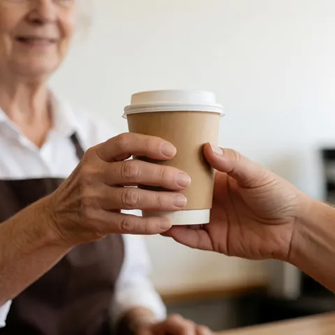 A close-up view of hands holding a white-lidded paper coffee cup, representing a hot coffee delivery service at a local coffee shop.