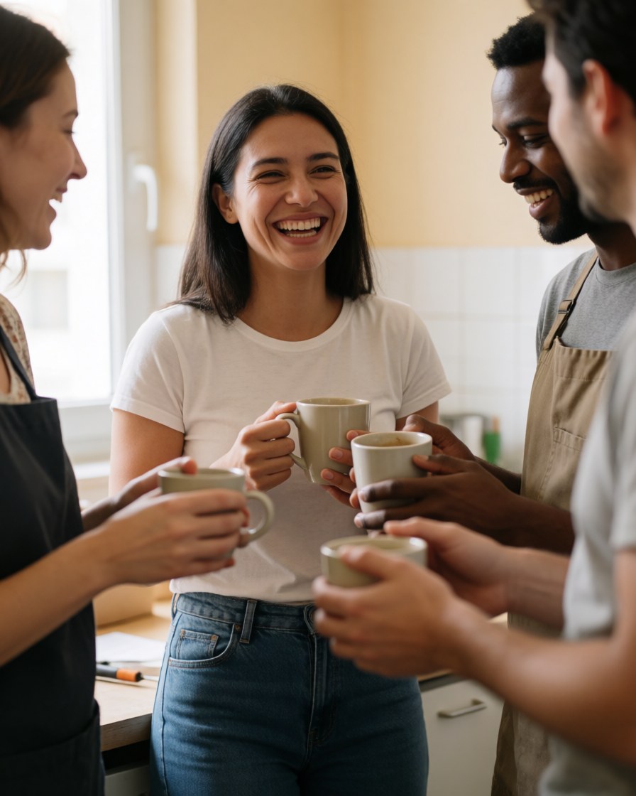 A smiling woman laughs while holding a coffee mug, enjoying a relaxed break during a team presentation or training workshop.