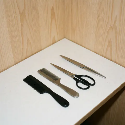 A black comb and metal scissors resting on a clean, light-colored surface, representing professional barber tools for hair cutting and grooming services.