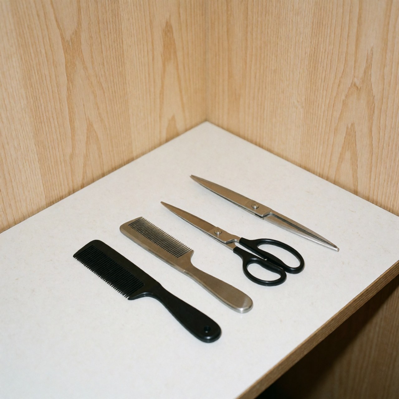 A black comb and metal scissors resting on a clean, light-colored surface, representing professional barber tools for hair cutting and grooming services.