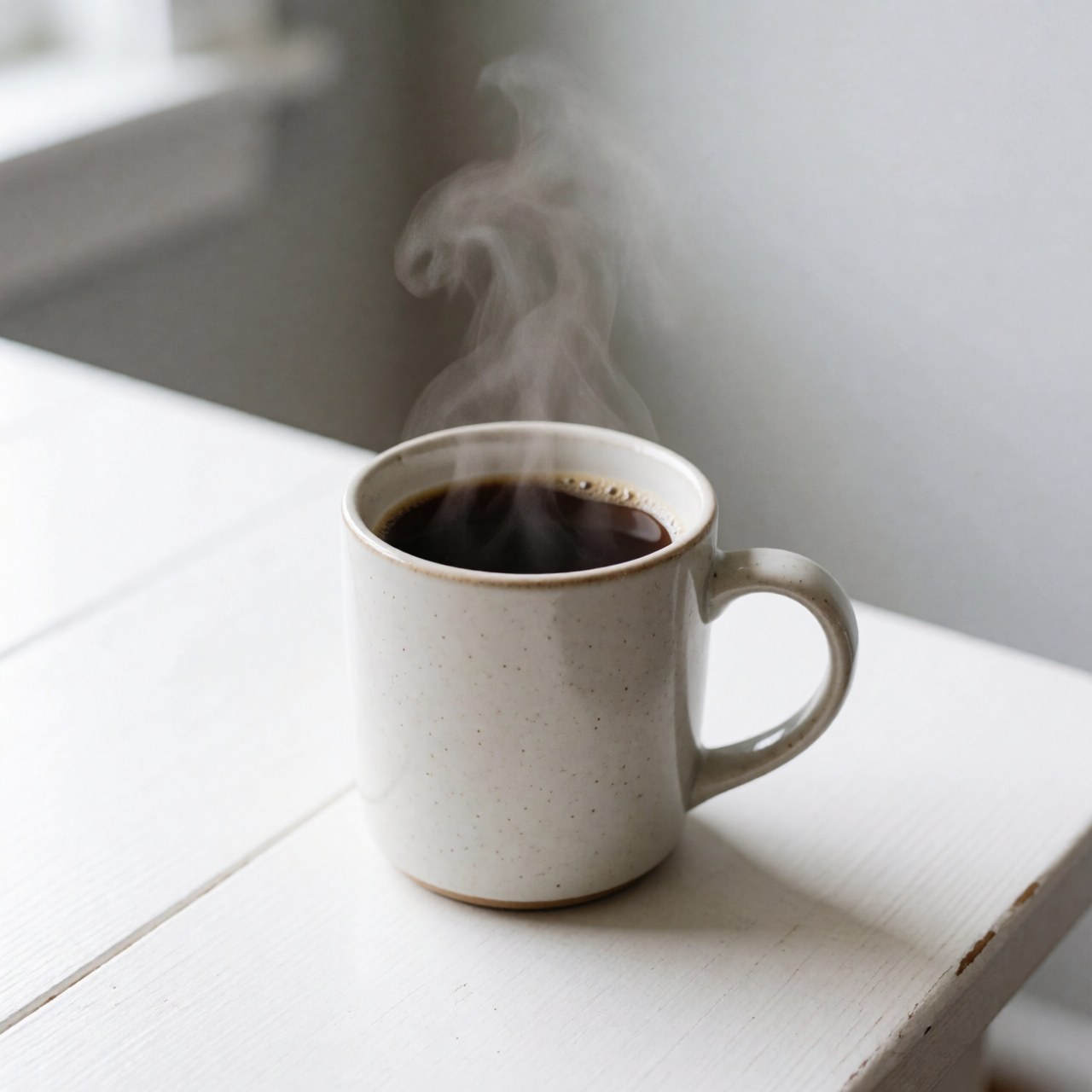 A white ceramic coffee cup sitting on a white surface with visible steam rising from the hot beverage, suitable for product display
