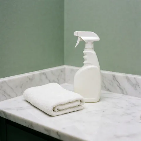 Spray bottle and white towel on gray veined marble countertop with soft green wall background for cleaning services
