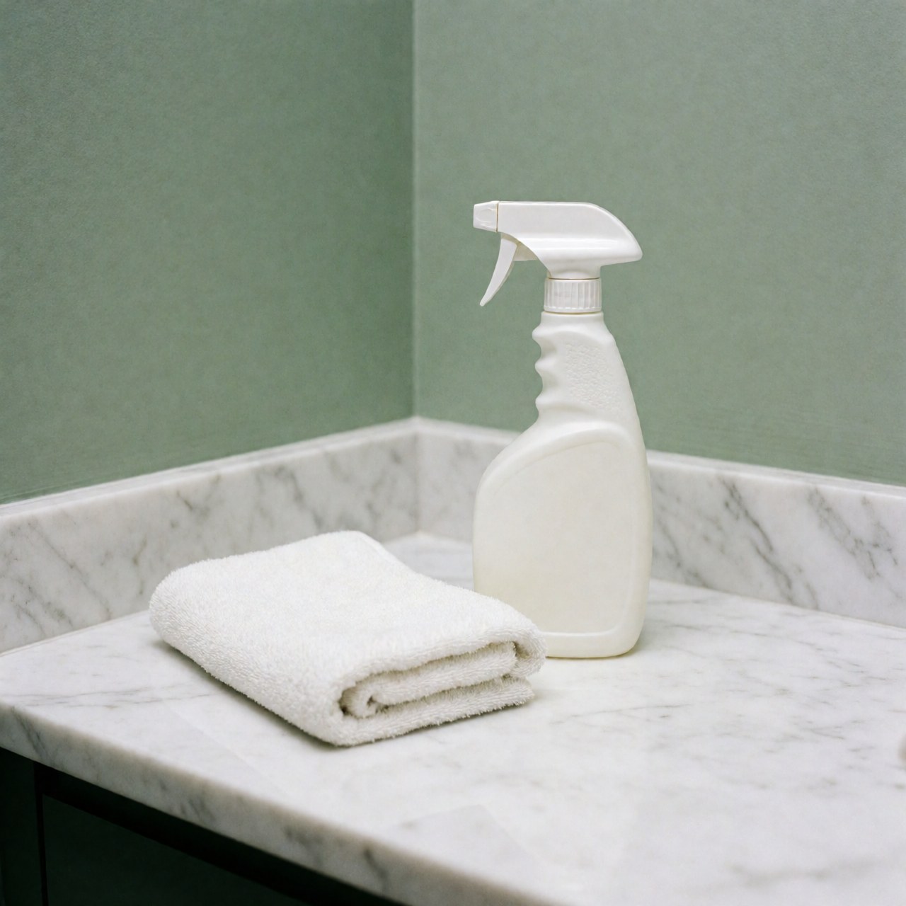Spray bottle and white towel on gray veined marble countertop with soft green wall background for cleaning services