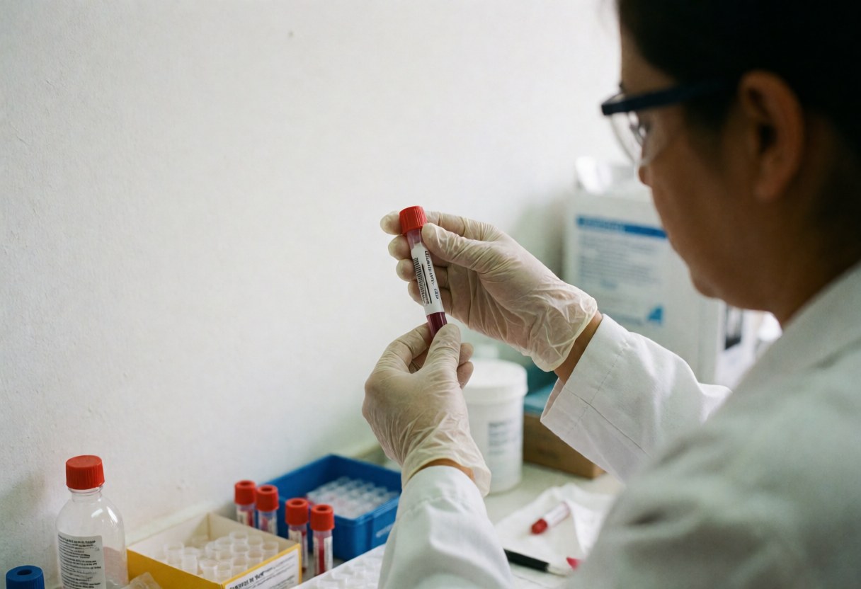 Medical professional in a clinical lab wearing safety gear while holding a blood collection tube against a clean white background.