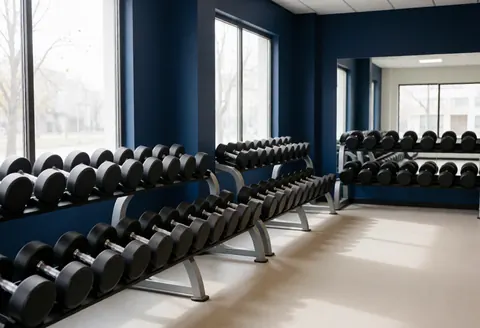 Spacious empty gym interior featuring rows of weight equipment, clean floors, and blue walls illuminated by natural light
