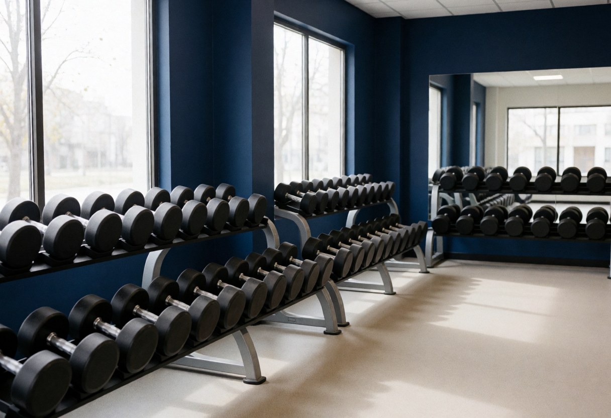 Spacious empty gym interior featuring rows of weight equipment, clean floors, and blue walls illuminated by natural light
