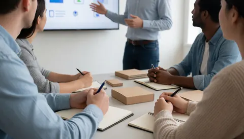 Team training presentation with notebooks and welcome kits on a wooden table in a bright professional office setting