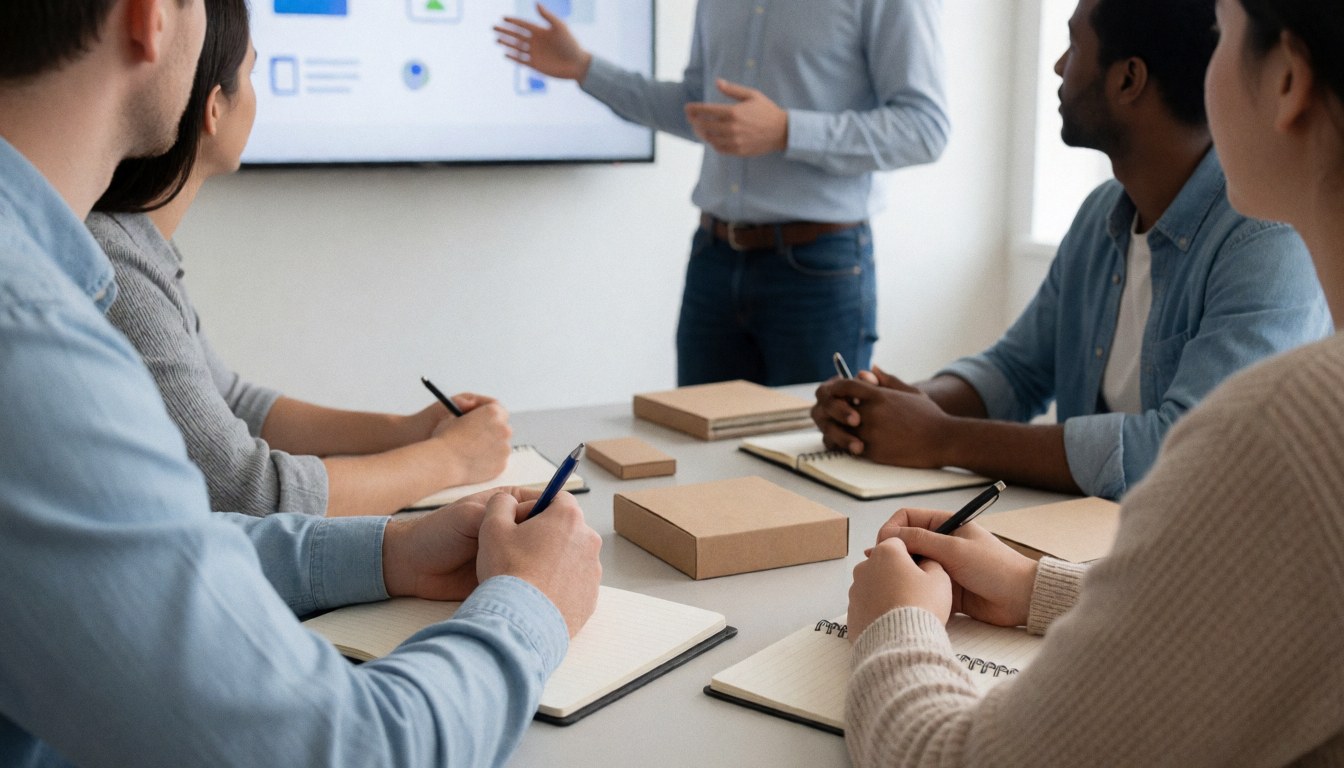 Team training presentation with notebooks and welcome kits on a wooden table in a bright professional office setting
