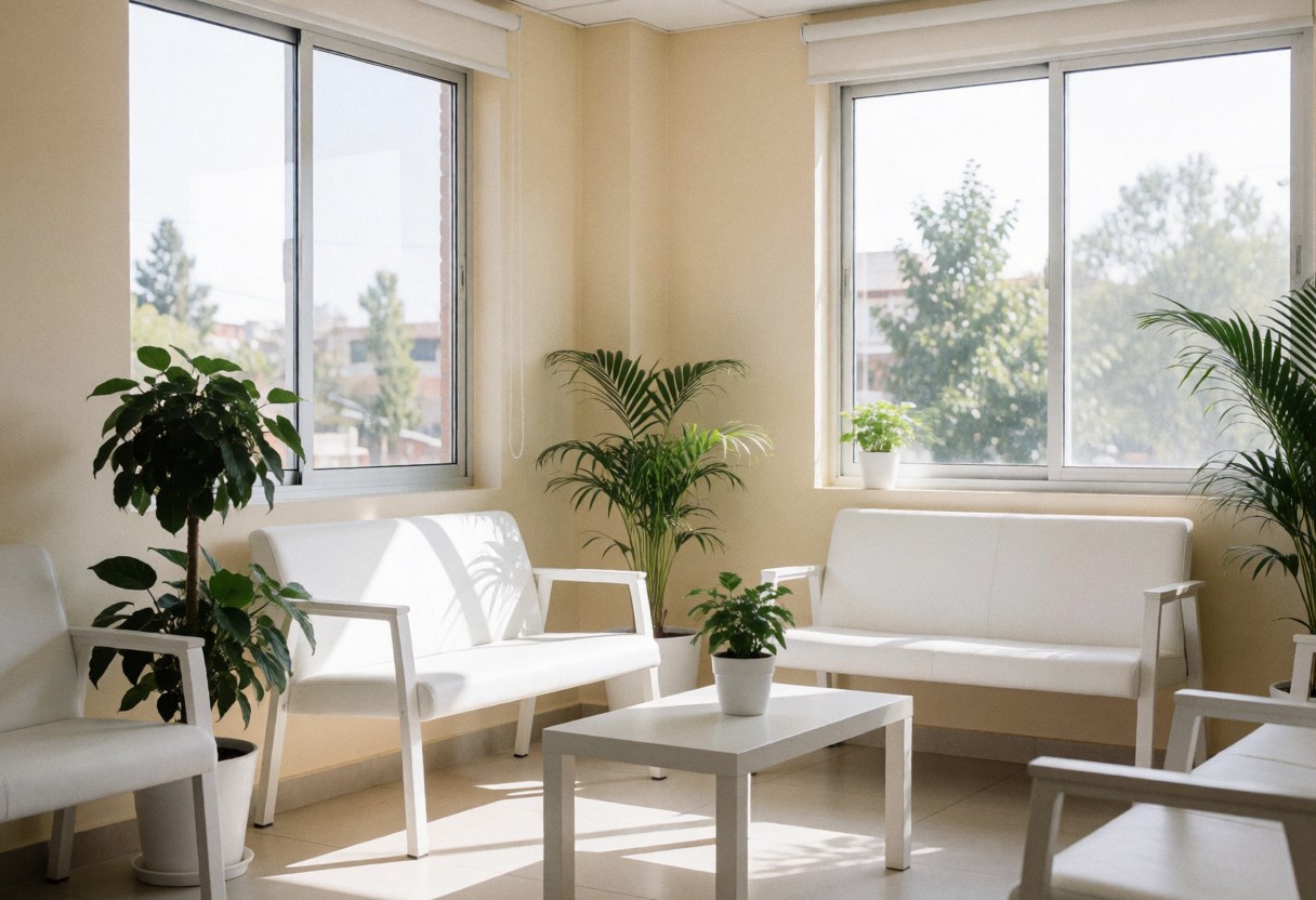 Clean modern waiting area with white furniture, green plants, and large windows letting in natural light for a medical lab or clinic