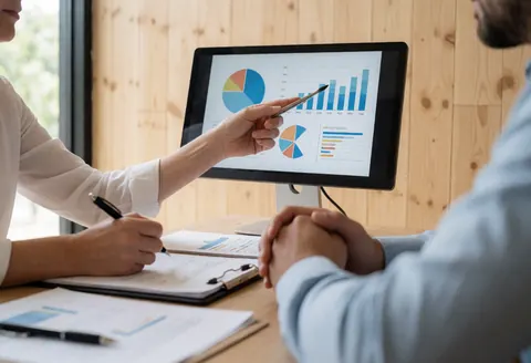 Financial advisor explains charts on a screen to a seated client in an office with wood walls and natural light, both with documents and pens on the table.