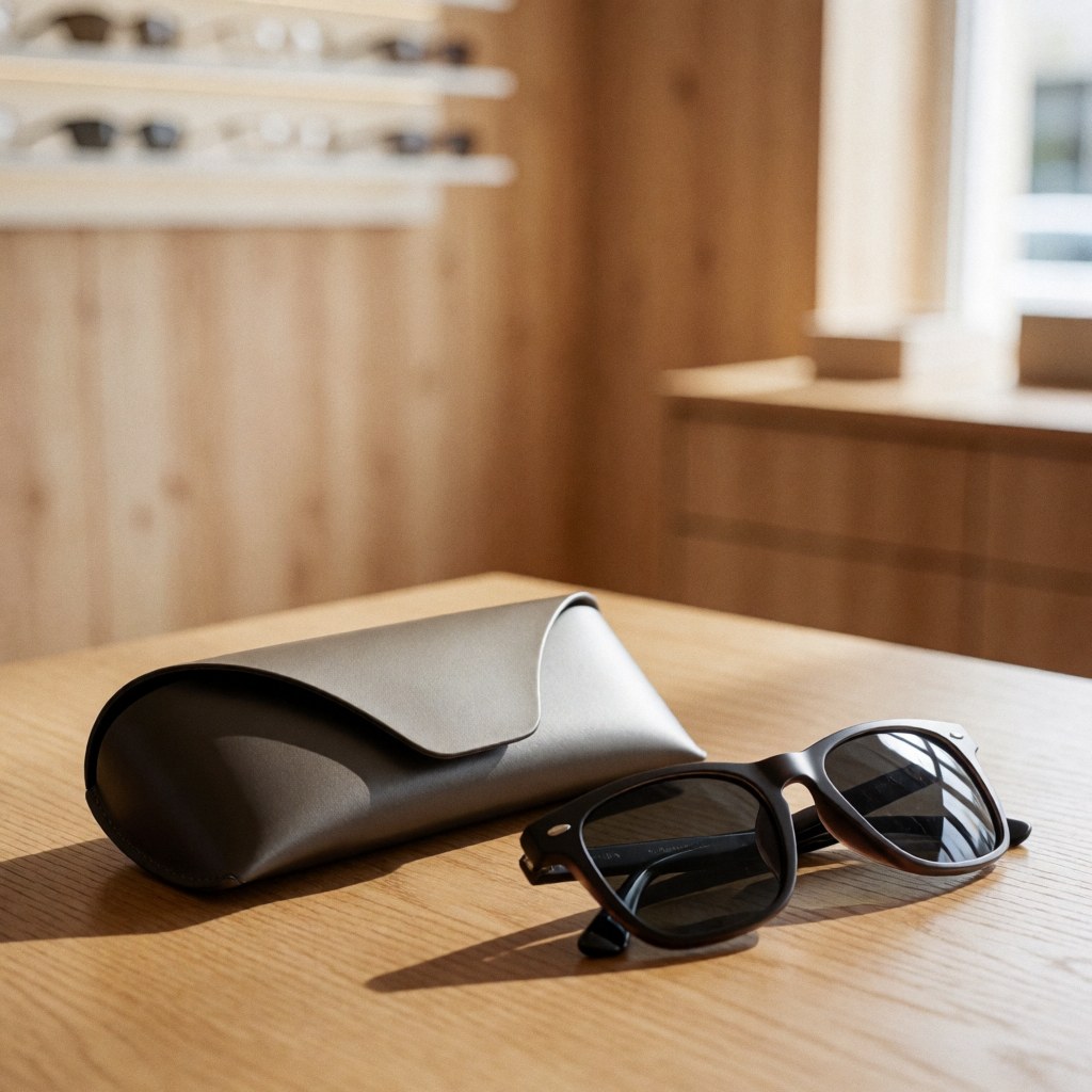 Black folded sunglasses and eyeglass case on light wood table with soft shadows and blurred optical store background