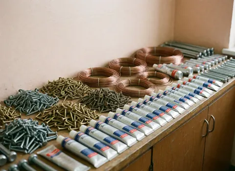 Wooden counter displaying screws, copper wire, and industrial adhesive tubes against a beige wall with natural lighting