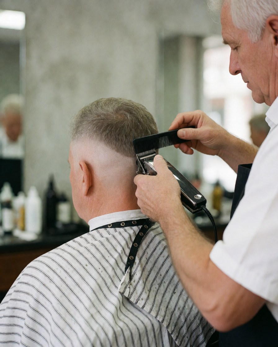 A barber uses electric clippers to cut a client's hair, creating a smooth fade while the customer sits in the chair wearing a protective cape.