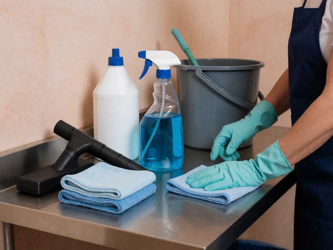 Neatly arranged professional cleaning equipment including microfiber cloths, spray bottles, gloves, and a mop bucket on a clean metal surface