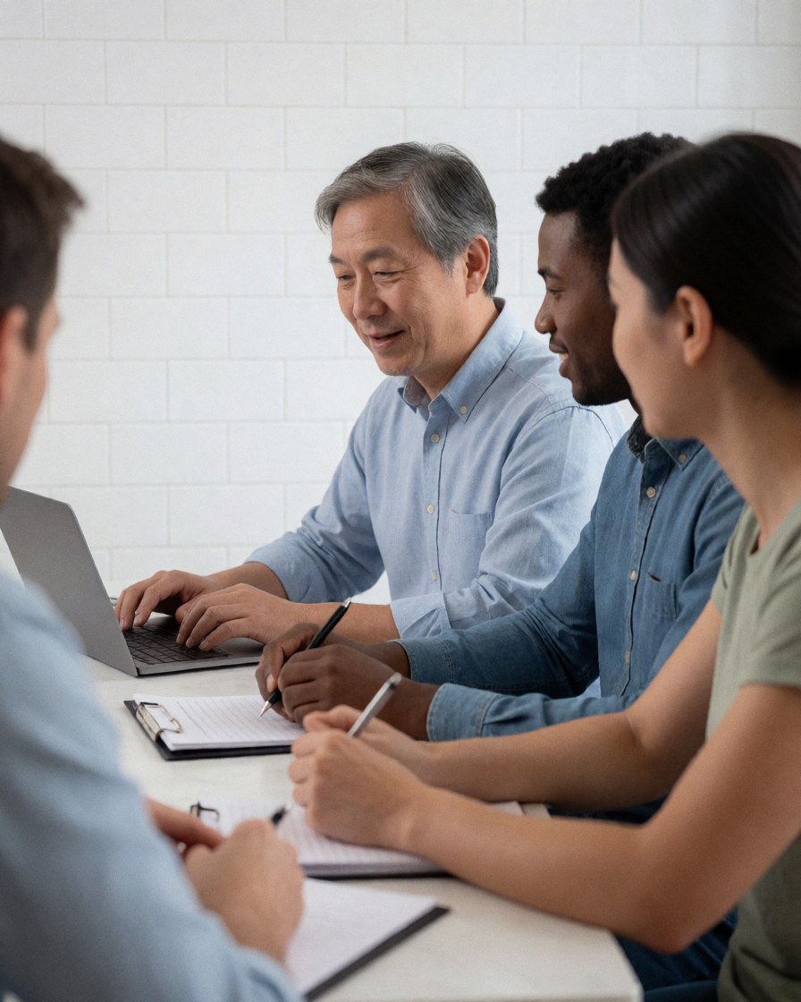 A group of adults collaborating around a table with laptops and notebooks during an online training workshop