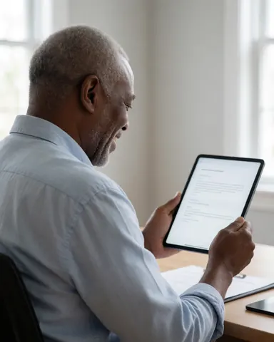A smiling older man looks at a computer screen in his home office, displaying digital marketing results in a natural and professional setting.