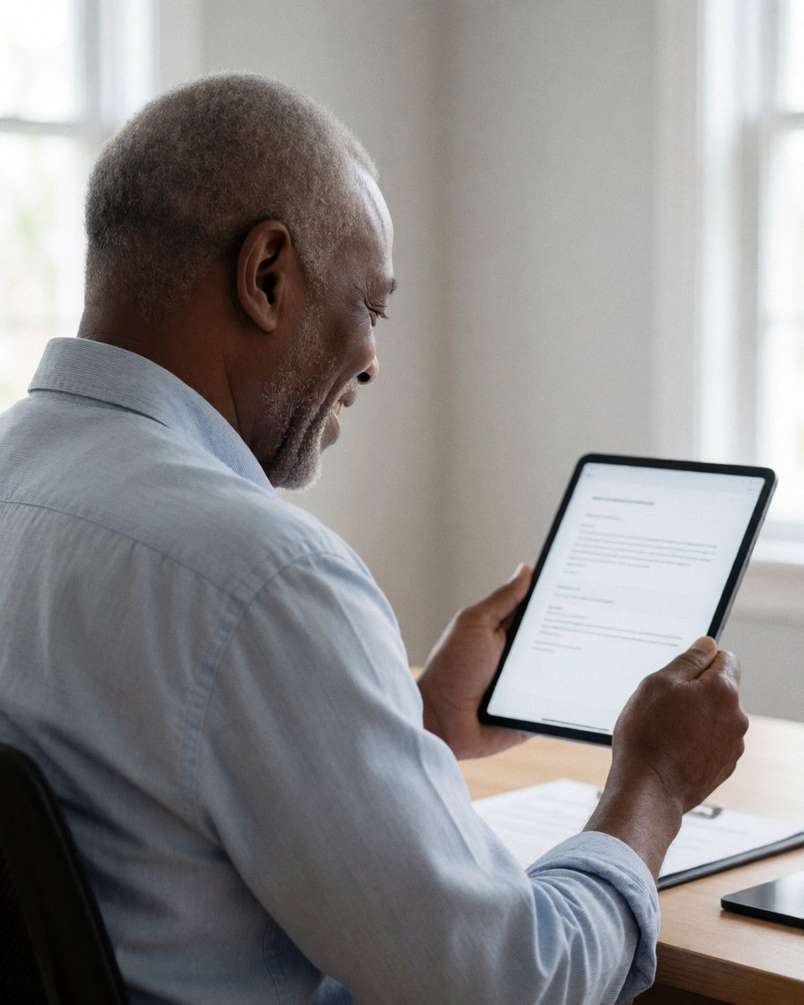 A smiling older man looks at a computer screen in his home office, displaying digital marketing results in a natural and professional setting.