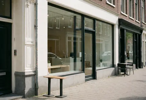 Exterior view of a contemporary marketing office featuring large glass windows, a clean sidewalk, and visible interior workspace with furniture.