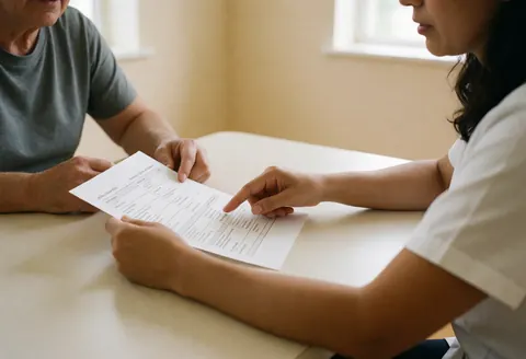 A nutritionist sits at a table reviewing a dietary plan document with a client in a wellness center.