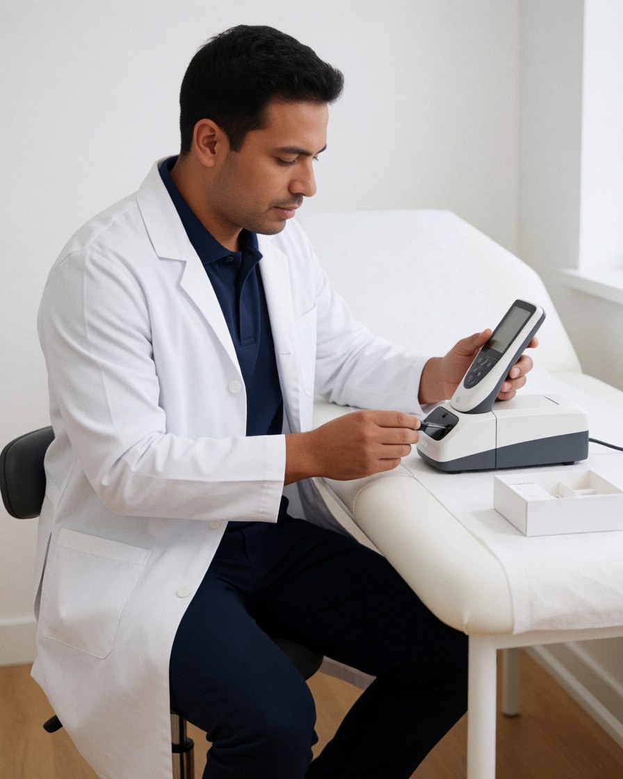 Optician in white coat and blue shirt sits on examination bed adjusting lens with digital tool in clean clinical room