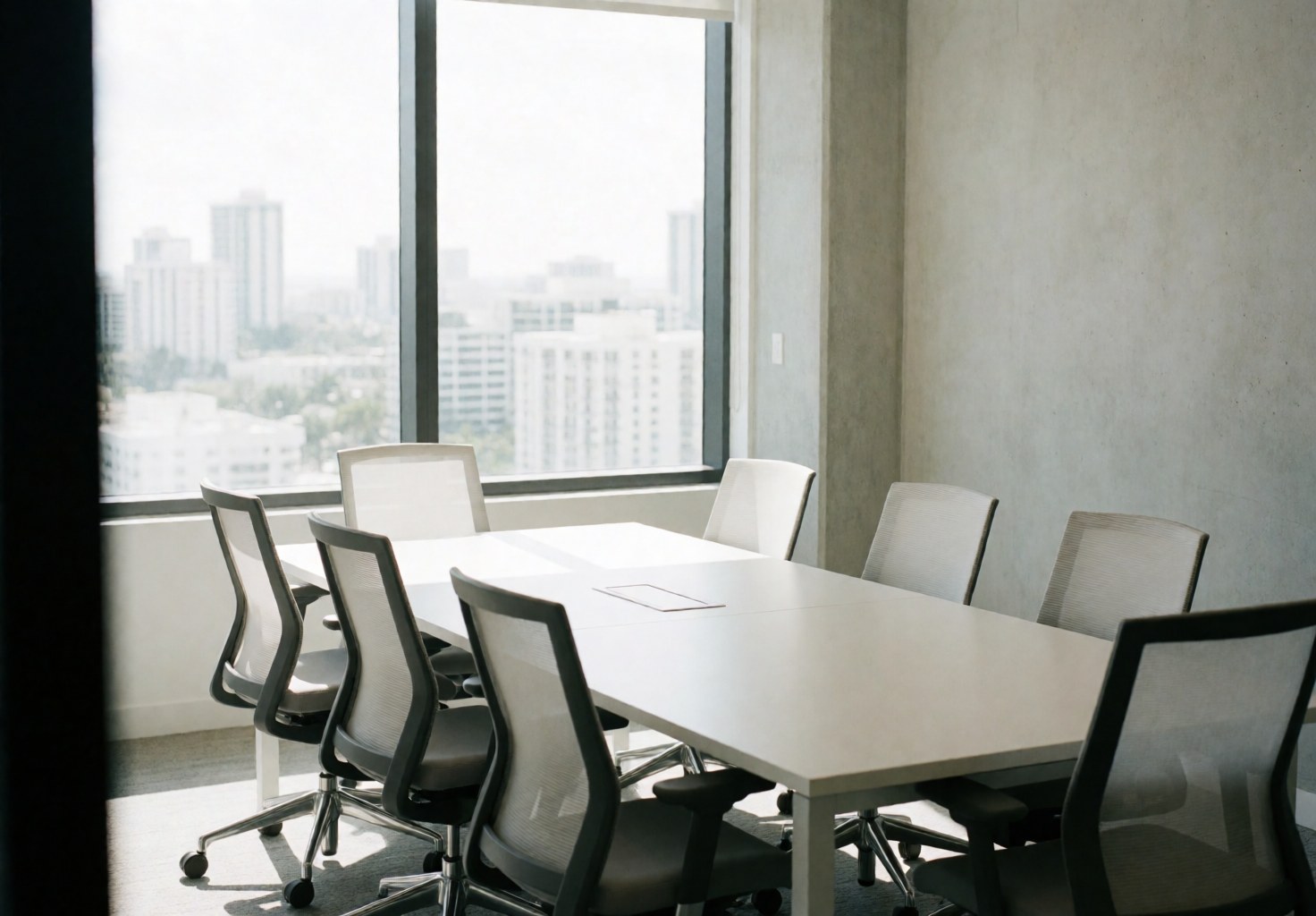 Modern conference room featuring a white table, ergonomic chairs, concrete walls, and a large window with a city view.