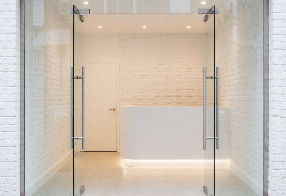 Modern gym entrance featuring glass doors, white brick walls, and a minimalist reception area with warm lighting and a clean professional atmosphere