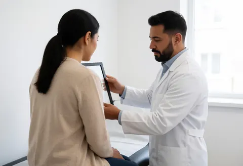 An optician in a white coat examines a lens while a female customer sits nearby in a bright clinical consultation room.