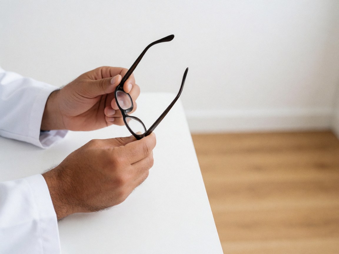 A hand holding a pair of eyeglasses on a white surface with a blurred background, showcasing optical details for a professional setting.