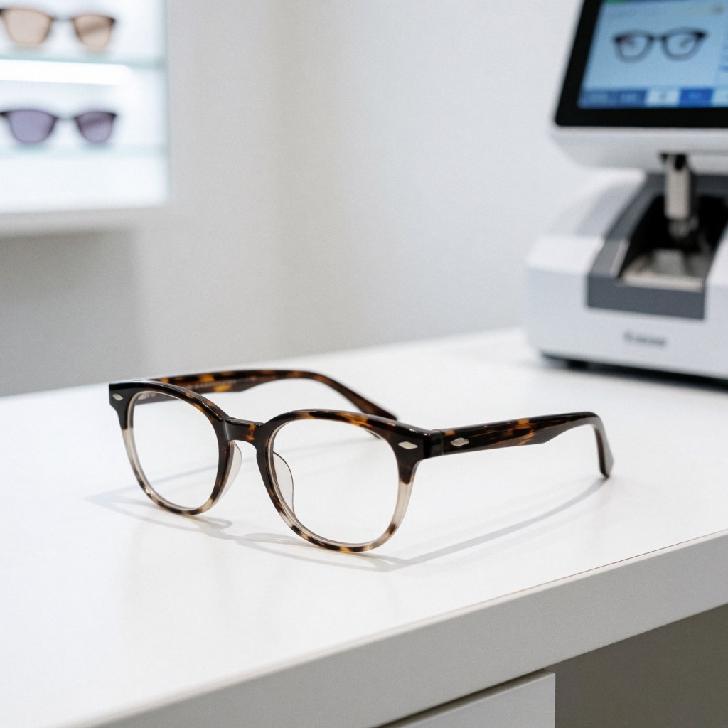 A pair of elegant eyeglasses resting on a clean white table, showcasing a modern design suitable for an optical store product display.