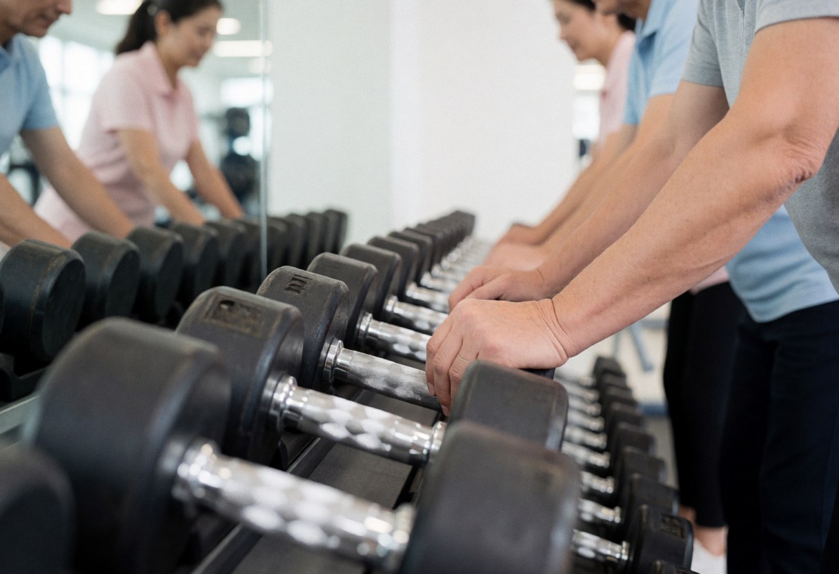 A row of dumbbells in a gym with adult hands selecting weights, featuring a mirror and equipment background with professional lighting