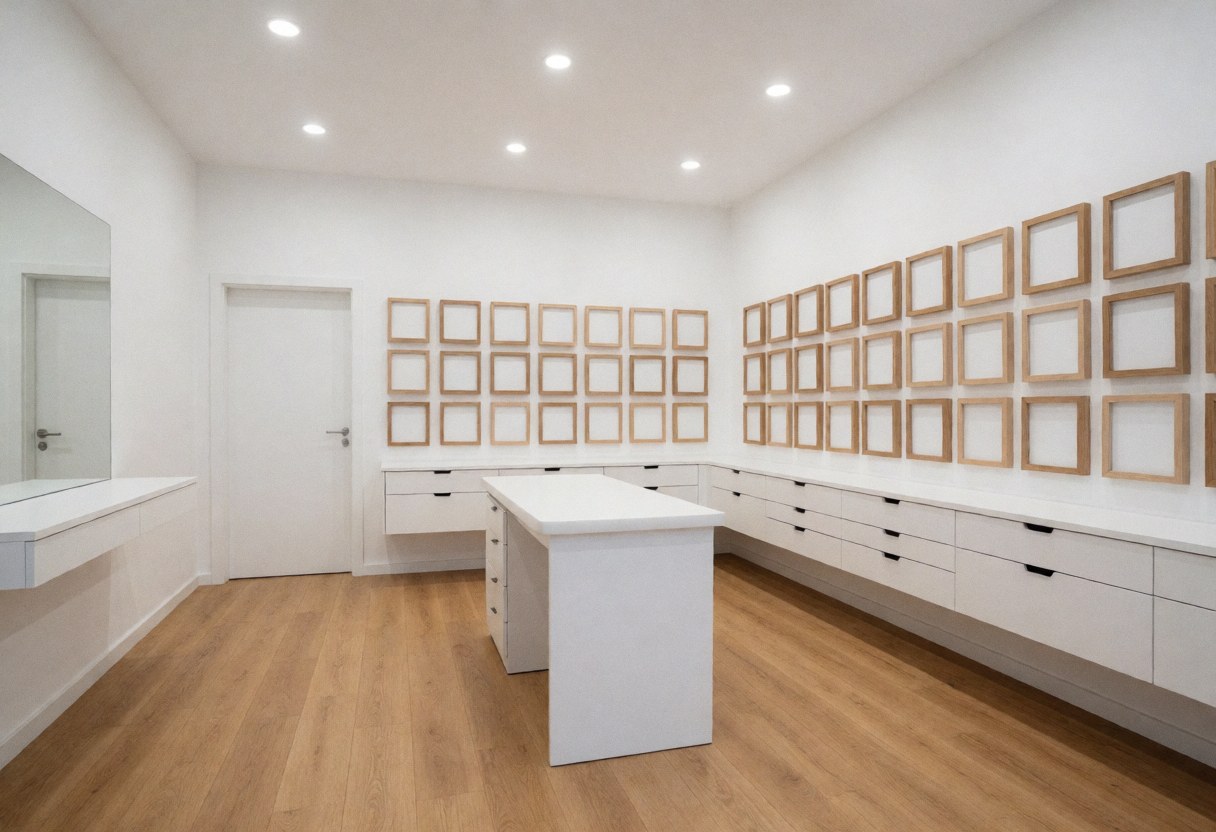Clean modern optical shop interior featuring white walls, light wood flooring, a central white display table, and eyeglass frames mounted on the walls under bright professional lighting.