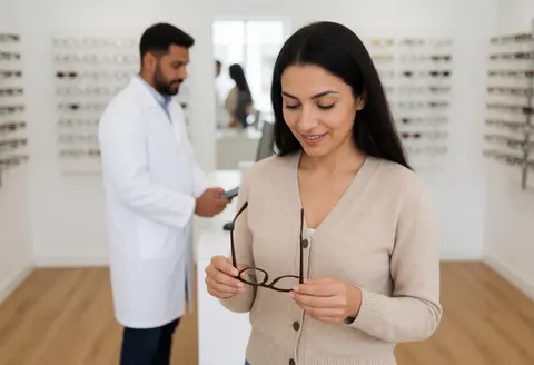 A woman holds eyeglass frames and smiles while an optician in a white coat stands in the background of a bright optical shop.