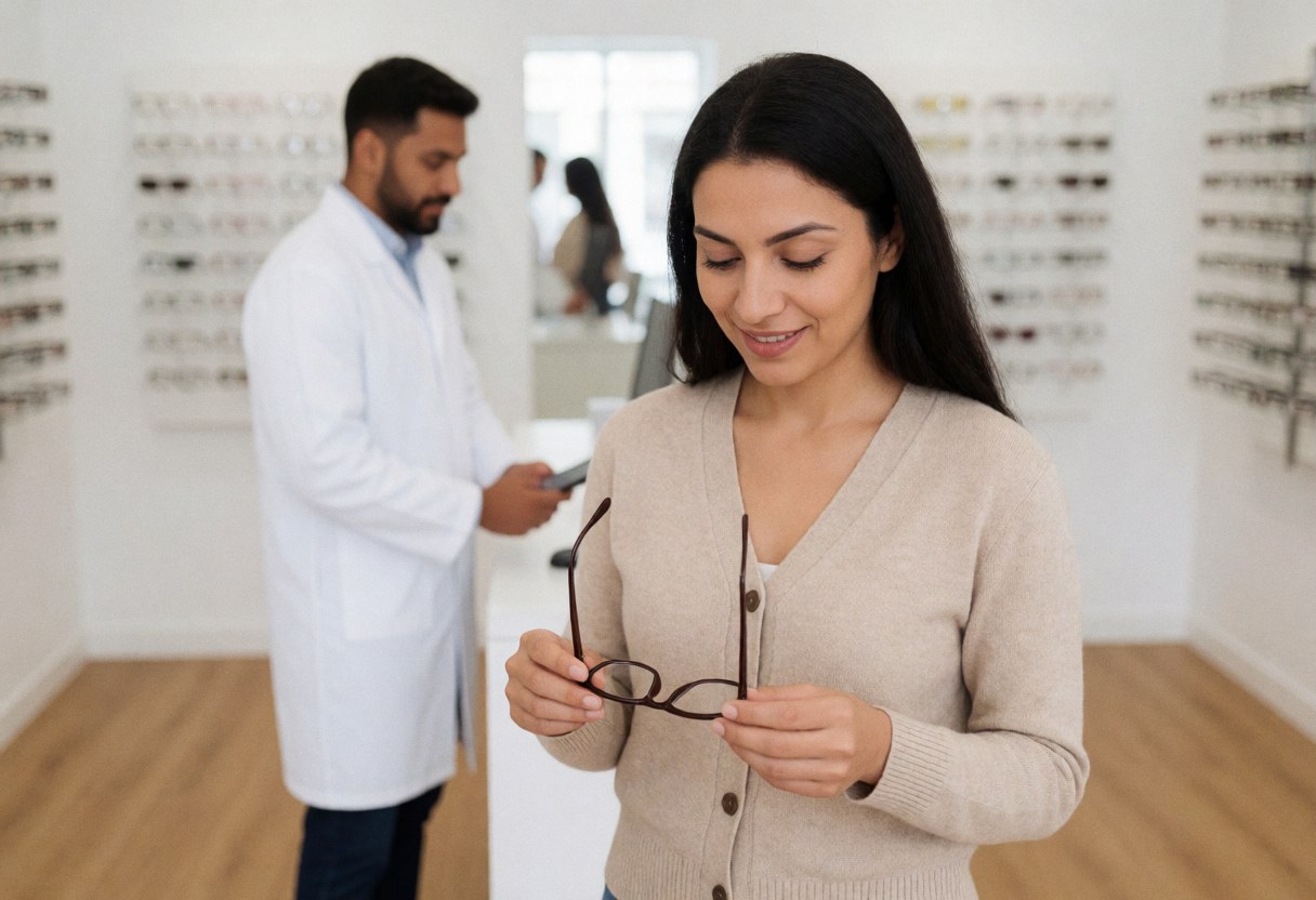 A woman holds eyeglass frames and smiles while an optician in a white coat stands in the background of a bright optical shop.