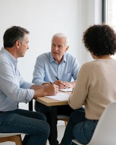 A diverse group of travel agency professionals collaborating around a desk in a modern office with natural light