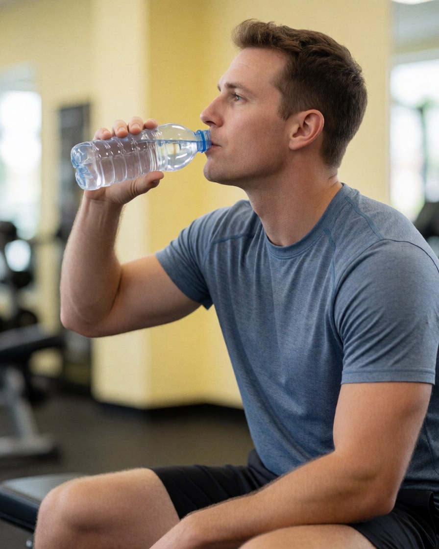A relaxed man sitting on a bench in a gym, drinking water from a bottle after his exercise session