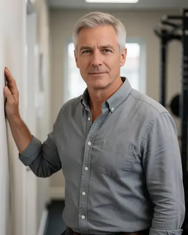 Middle-aged male gym manager in a gray shirt leaning against a wall with serious expression, gym equipment and natural light in the background