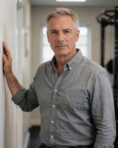 Middle-aged male gym manager in a gray shirt leaning against a wall with serious expression, gym equipment and natural light in the background