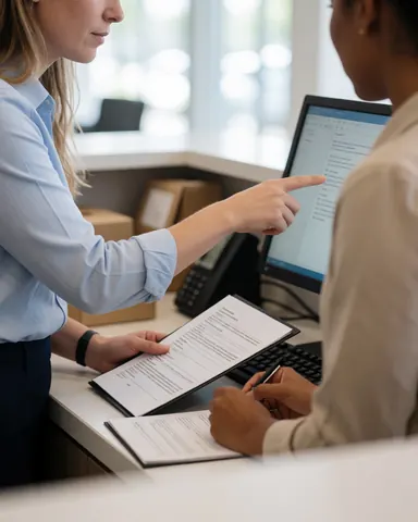 Two women sit at an office desk reviewing documents and working on a computer in a bright, professional environment.