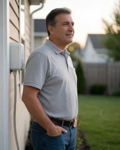 A smiling man stands next to a wall-mounted security system in his garden at sunset, showing satisfaction with the installation.