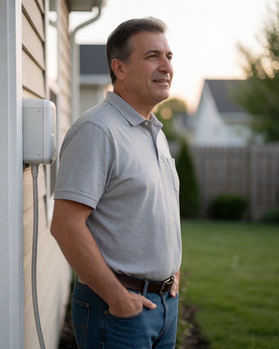 A smiling man stands next to a wall-mounted security system in his garden at sunset, showing satisfaction with the installation.