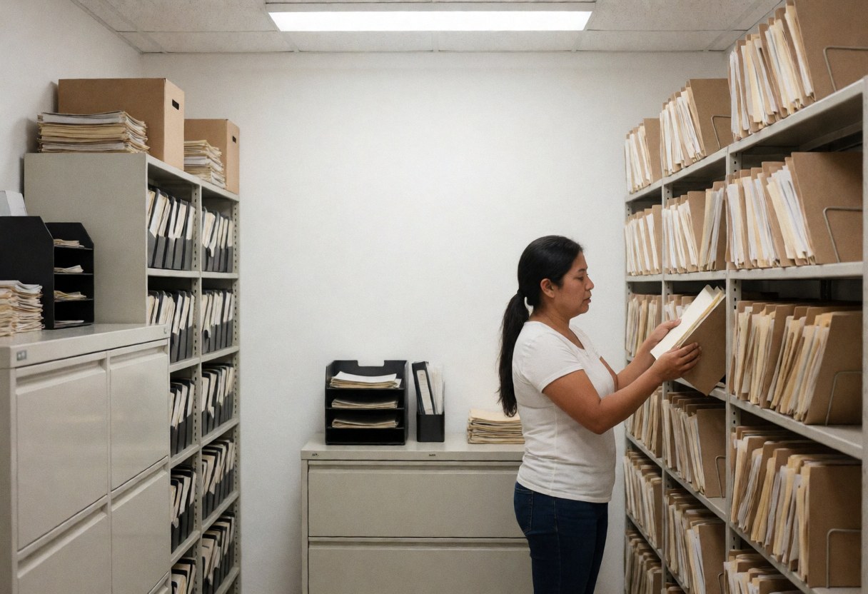Rows of bank files and storage boxes neatly arranged on shelves in a secure back office area for finance and banking operations