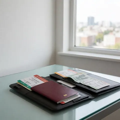 Open travel folder containing passport, tickets, and currency receipts on a glass table with a city view through the window