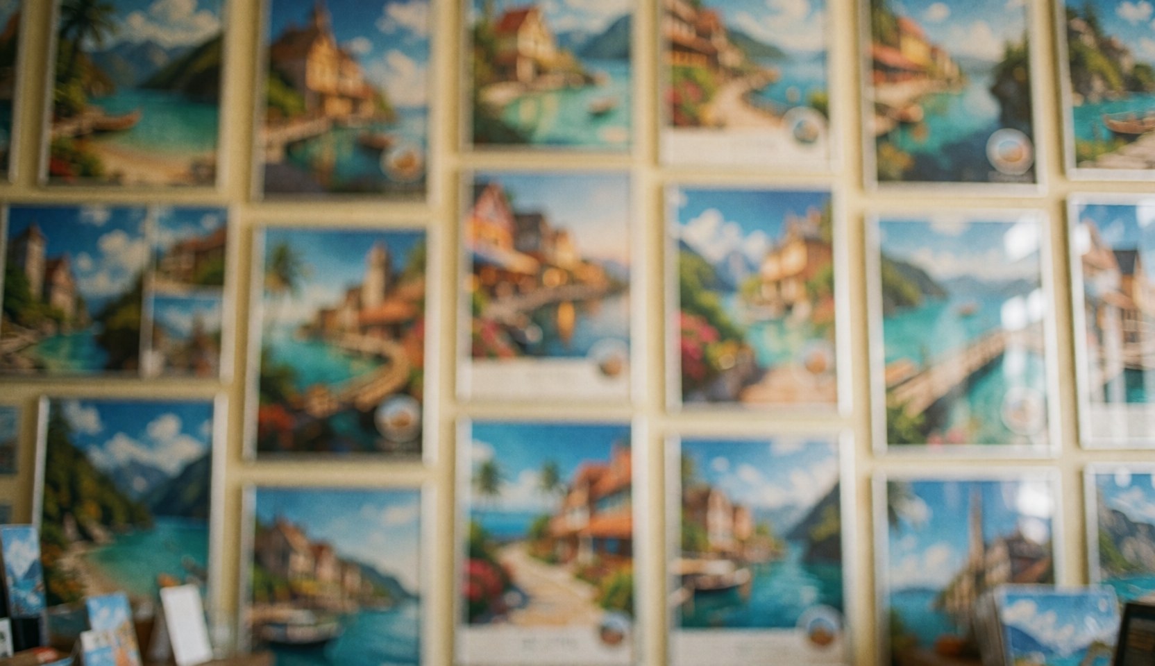 A wall covered with colorful posters advertising various travel destinations and tourism offers for a travel agency background