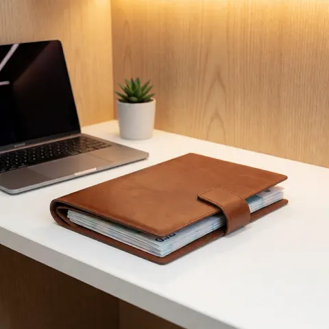 A leather folder containing secure documents rests on a wooden desk next to a laptop and small succulent plants in a professional office setting