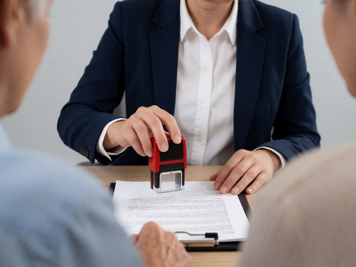 Close-up of professional hands using a red stamp on a document in an office setting with bright lighting and navy blue accents