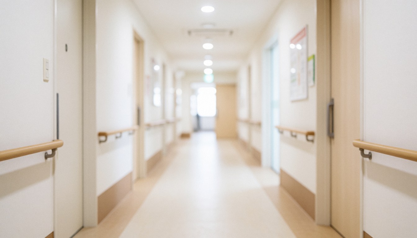 A blurred view of a clean and calm medical clinic hallway with beige walls, white doors, and soft lighting, serving as a professional background for healthcare content