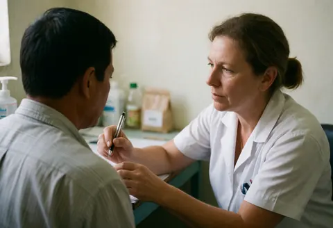 A female doctor in a white coat listens attentively to a male patient while taking notes with a pen during a medical consultation.